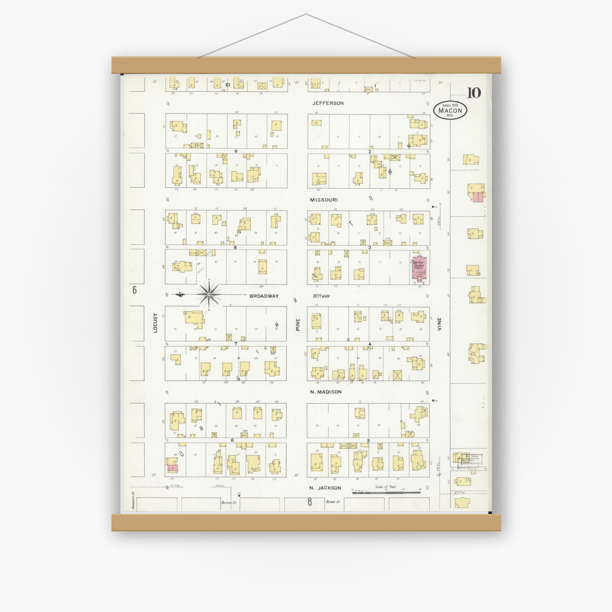 Old map wall art mockup — magnetic wood frame on white wall — Sanborn Fire Insurance Map from Macon, Macon County, Missouri (1909), Sheet #0010