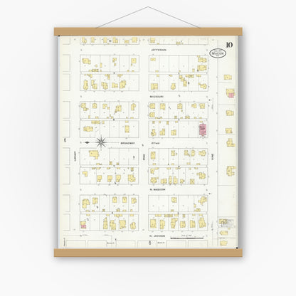 Old map wall art mockup — magnetic wood frame on white wall — Sanborn Fire Insurance Map from Macon, Macon County, Missouri (1909), Sheet #0010