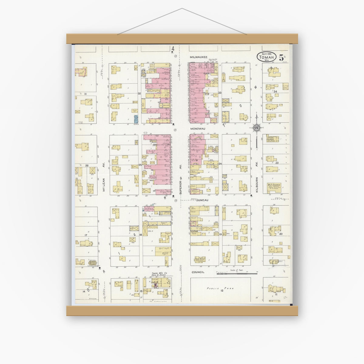 Old map wall art mockup — magnetic wood frame on white wall — Sanborn Fire Insurance Map from Tomah, Monroe County, Wisconsin (1912), Sheet #0005