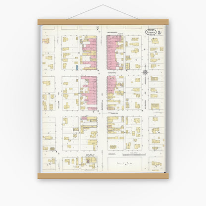 Old map wall art mockup — magnetic wood frame on white wall — Sanborn Fire Insurance Map from Tomah, Monroe County, Wisconsin (1912), Sheet #0005