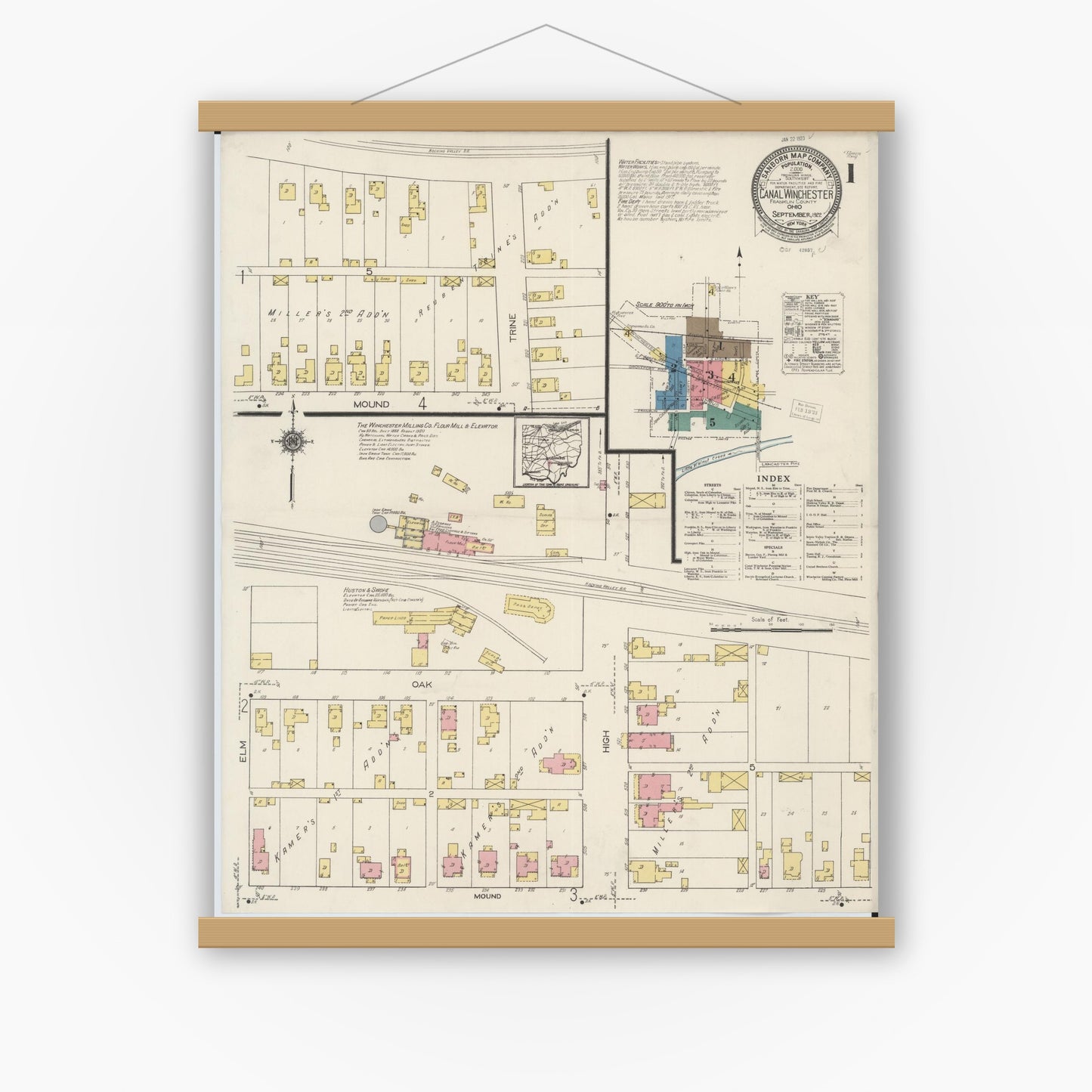 Old map wall art mockup — magnetic wood frame on white wall — Sanborn Fire Insurance Map from Canal Winchester, Franklin County, Ohio (1922) - Complete Map Set