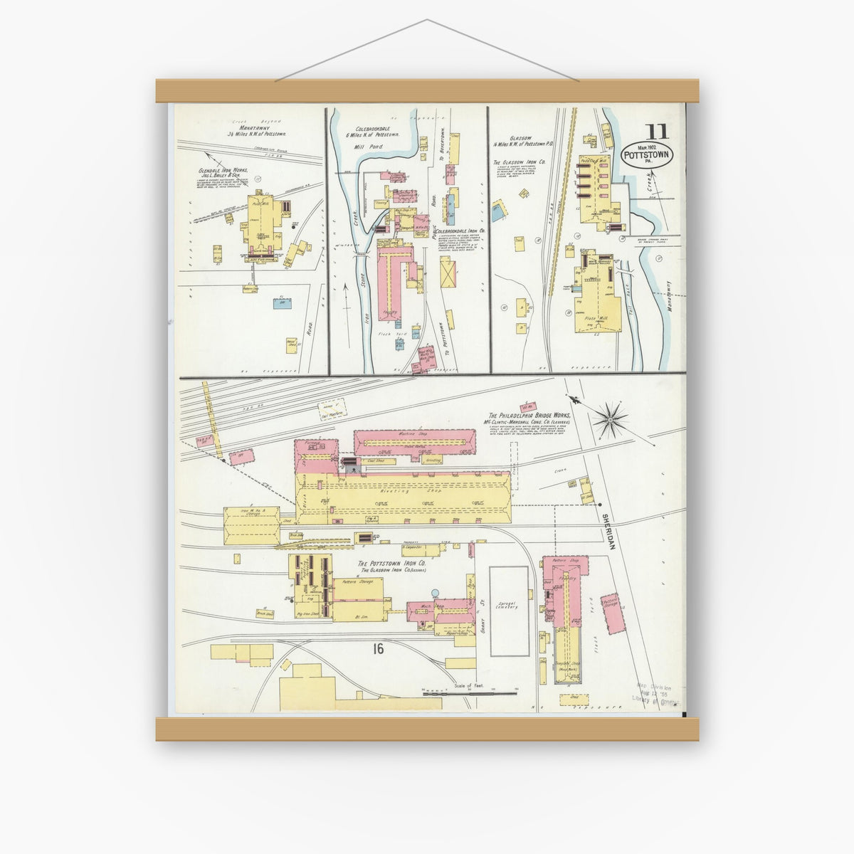 Old map wall art mockup — magnetic wood frame on white wall — Sanborn Fire Insurance Map from Pottstown, Montgomery County, Pennsylvania (1902), Sheet #0011