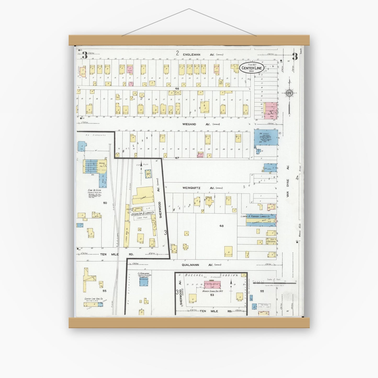 Old map wall art mockup — magnetic wood frame on white wall — Sanborn Fire Insurance Map from Center Line, Macomb County, Michigan (1927), Sheet #0003