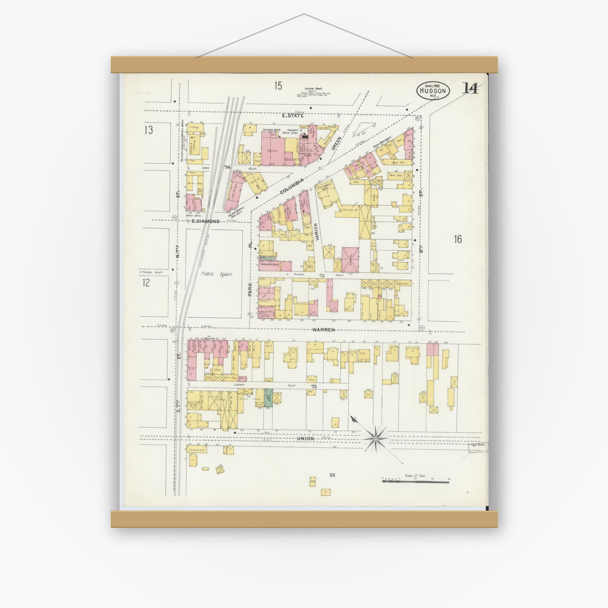 Old map wall art mockup — magnetic wood frame on white wall — Sanborn Fire Insurance Map from Hudson, Columbia County, New York (1903), Sheet #0014