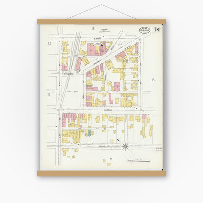 Old map wall art mockup — magnetic wood frame on white wall — Sanborn Fire Insurance Map from Hudson, Columbia County, New York (1903), Sheet #0014