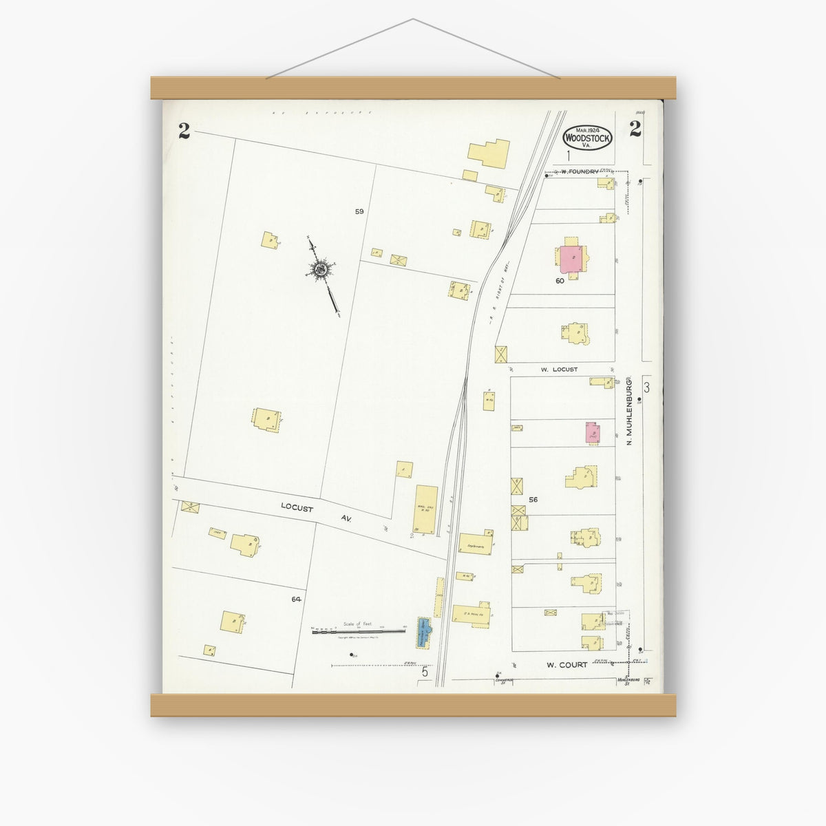 Old map wall art mockup — magnetic wood frame on white wall — Sanborn Fire Insurance Map from Woodstock, Shenandoah County, Virginia (1924), Sheet #0002