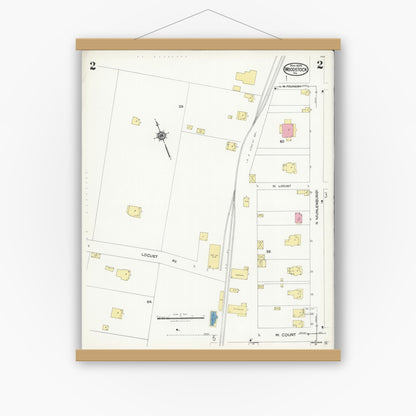 Old map wall art mockup — magnetic wood frame on white wall — Sanborn Fire Insurance Map from Woodstock, Shenandoah County, Virginia (1924), Sheet #0002