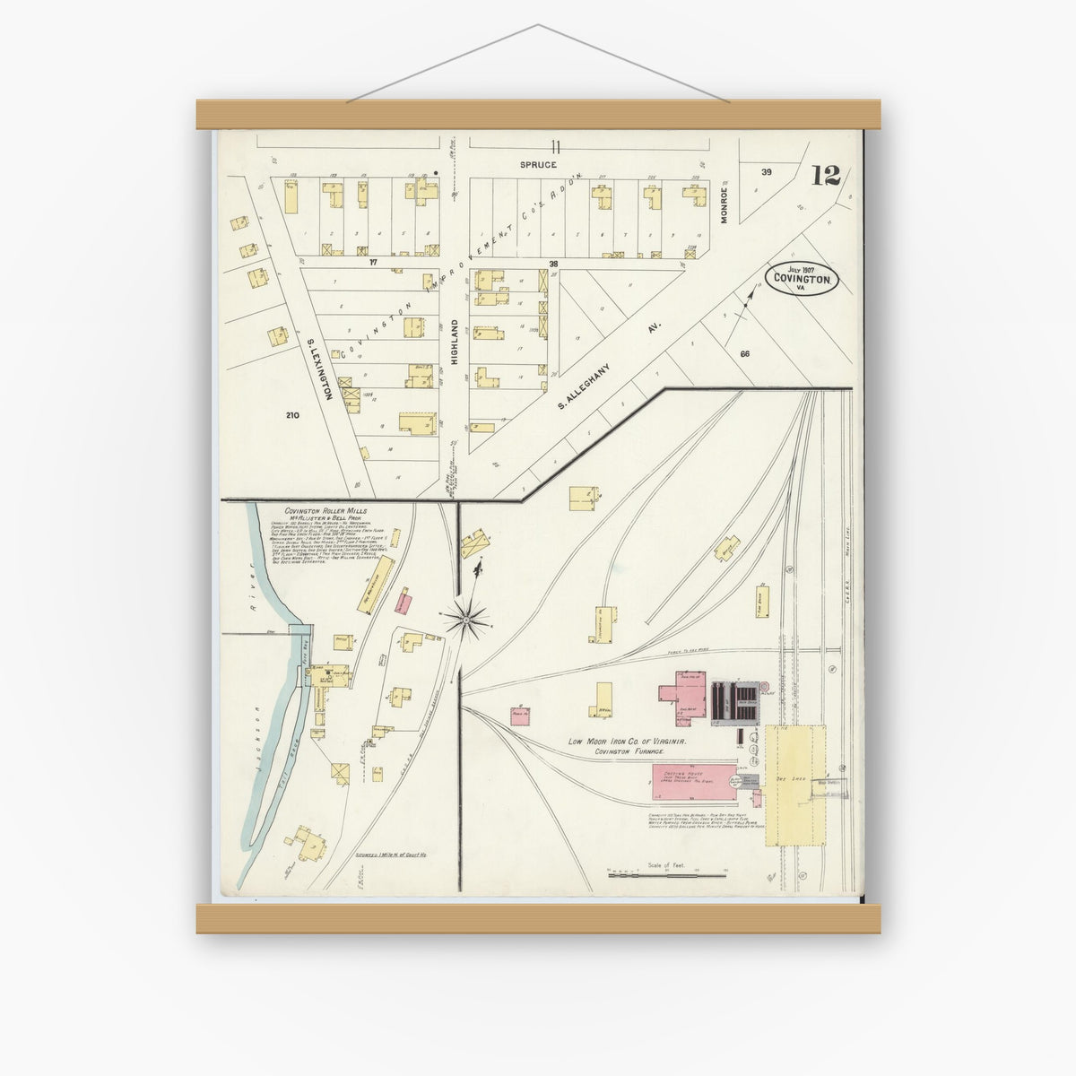 Old map wall art mockup — magnetic wood frame on white wall — Sanborn Fire Insurance Map from Covington, Independent Cities, Virginia (1907), Sheet #0012