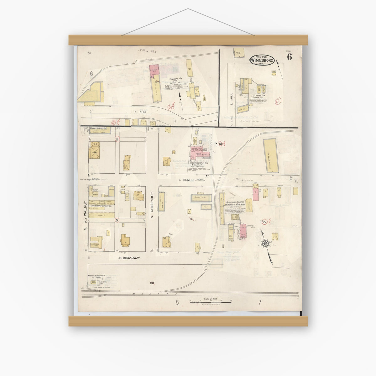 Old map wall art mockup — magnetic wood frame on white wall — Sanborn Fire Insurance Map from Winnsboro, Wood County, Texas (1943), Sheet #0006
