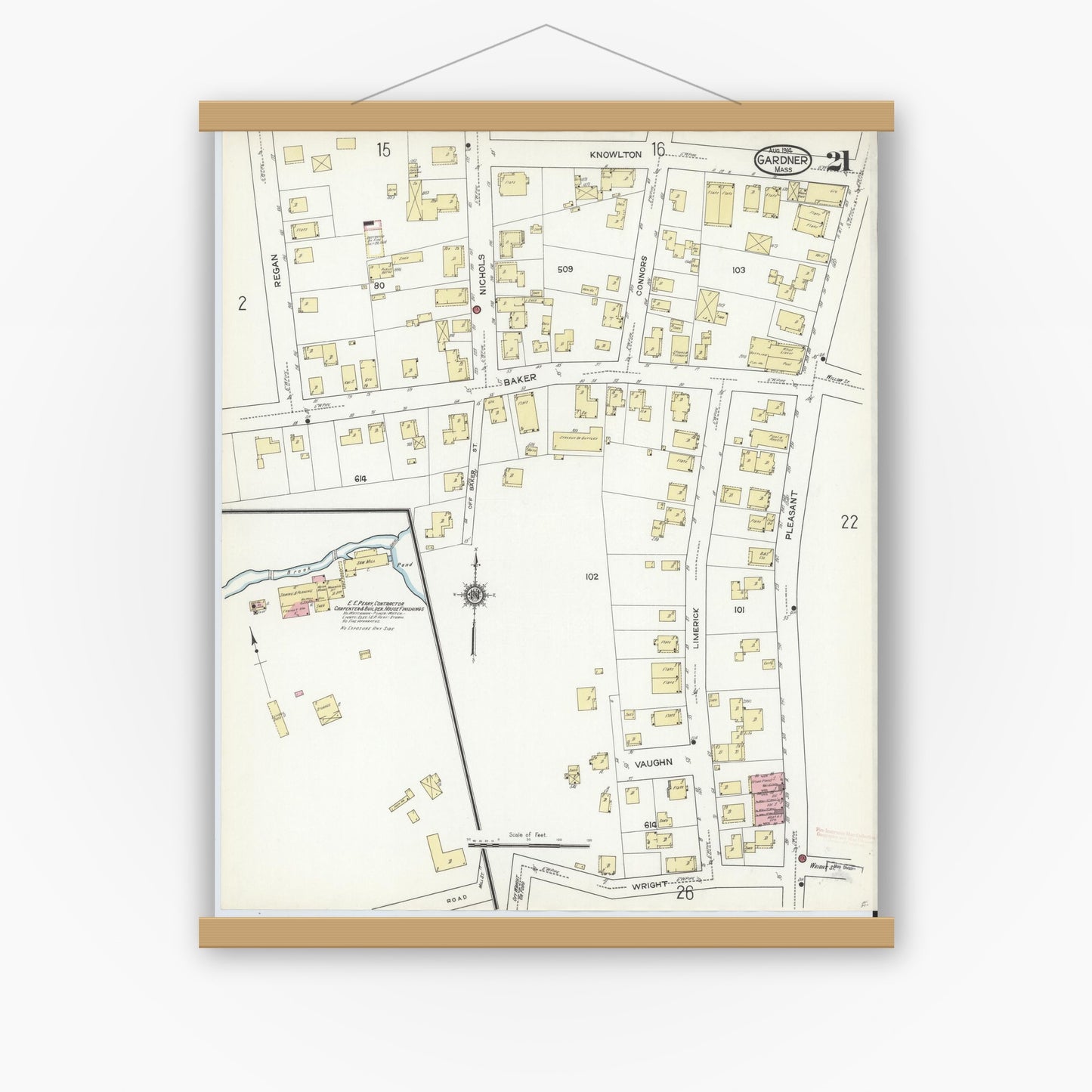 Old map wall art mockup — magnetic wood frame on white wall — Sanborn Fire Insurance Map from Gardner, Worcester County, Massachusetts (1914), Sheet #0021