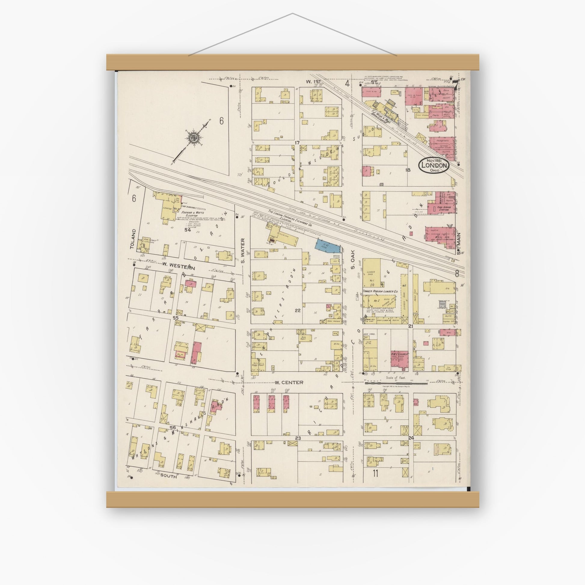 Old map wall art mockup — magnetic wood frame on white wall — Sanborn Fire Insurance Map from London, Madison County, Ohio (1921), Sheet #0007