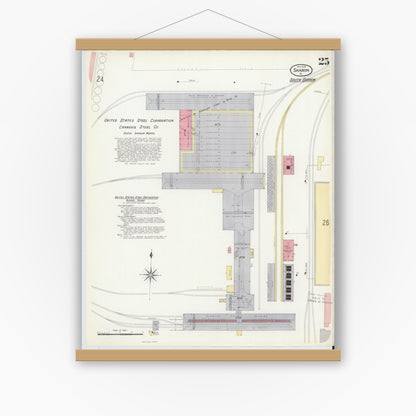 Old map wall art mockup — magnetic wood frame on white wall — Sanborn Fire Insurance Map from Sharon, Mercer County, Pennsylvania (1908), Sheet #0025