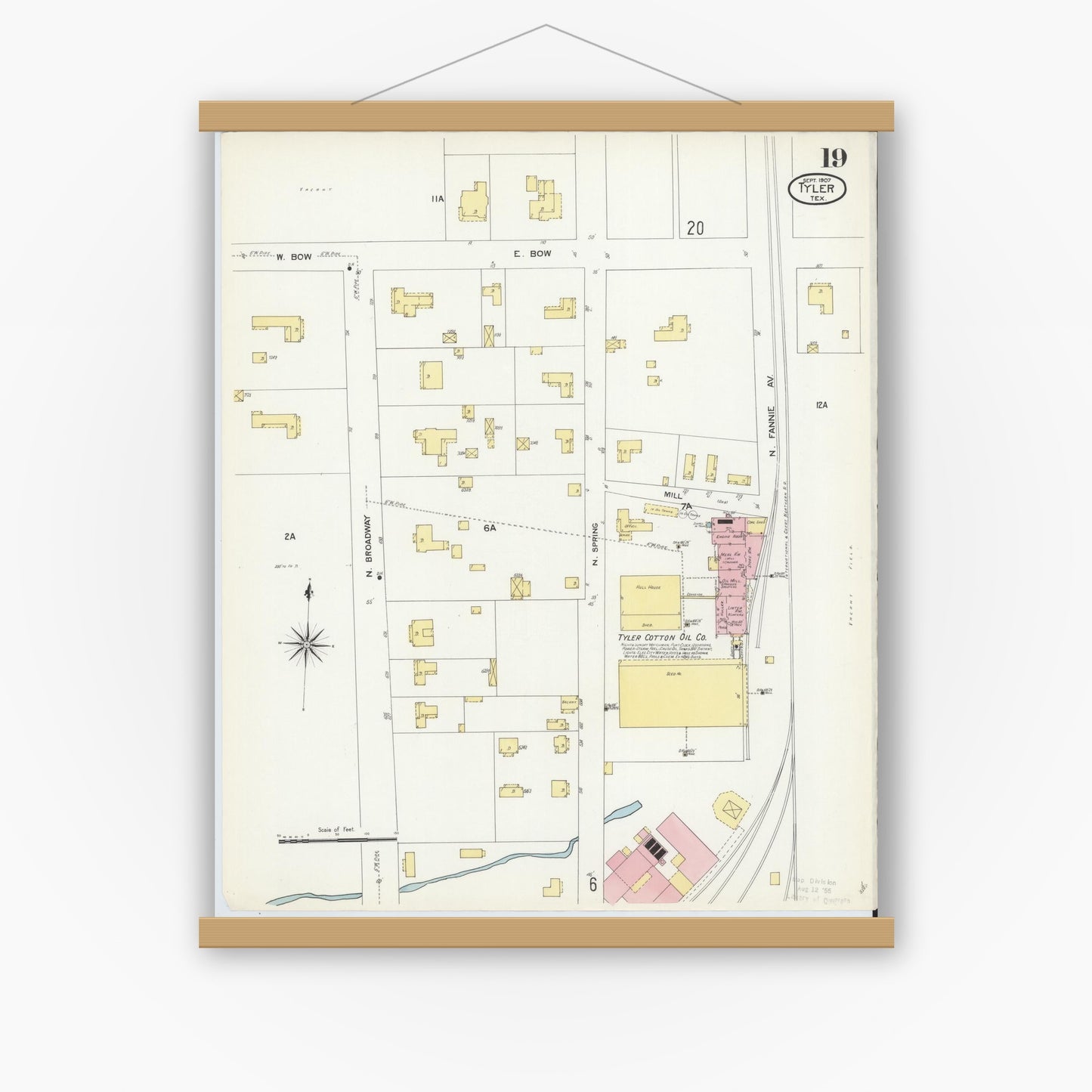 Old map wall art mockup — magnetic wood frame on white wall — Sanborn Fire Insurance Map from Tyler, Smith County, Texas (1907), Sheet #0019