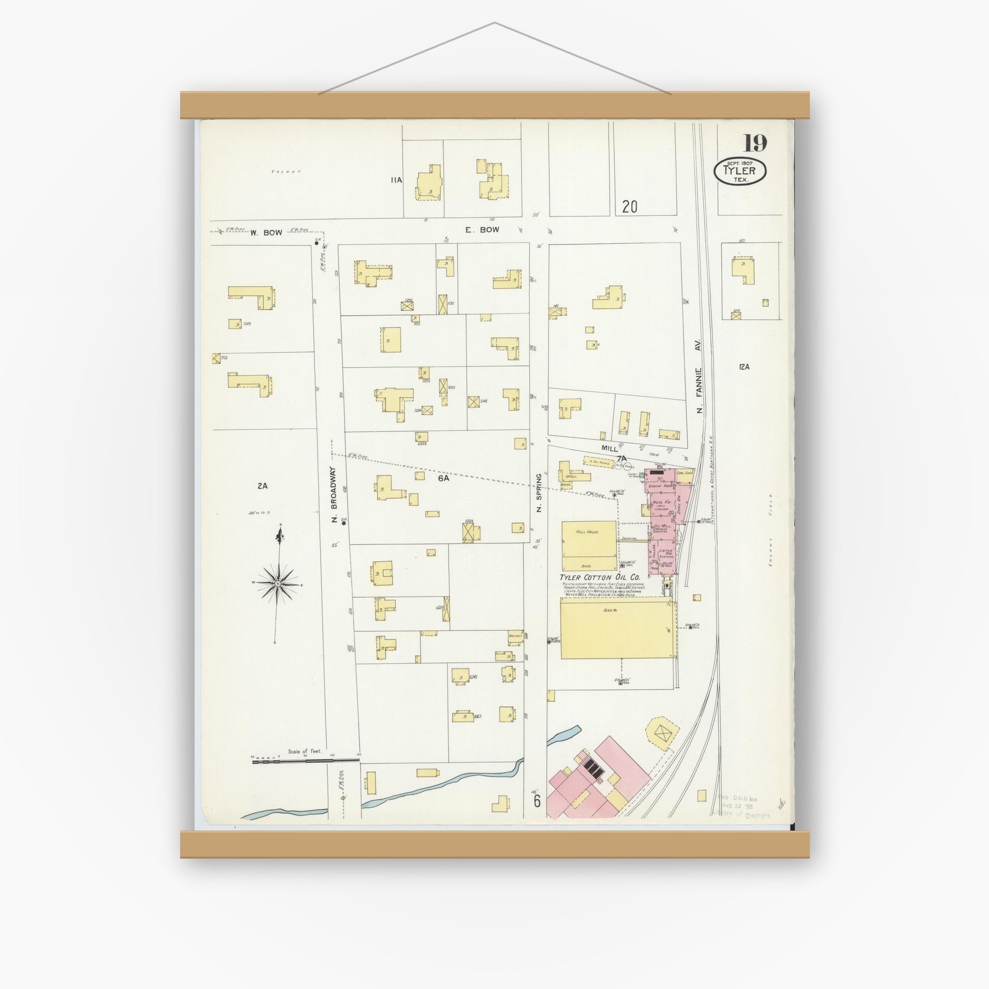 Old map wall art mockup — magnetic wood frame on white wall — Sanborn Fire Insurance Map from Tyler, Smith County, Texas (1907), Sheet #0019