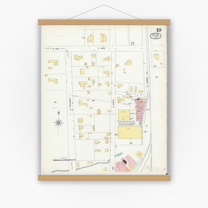 Old map wall art mockup — magnetic wood frame on white wall — Sanborn Fire Insurance Map from Tyler, Smith County, Texas (1907), Sheet #0019