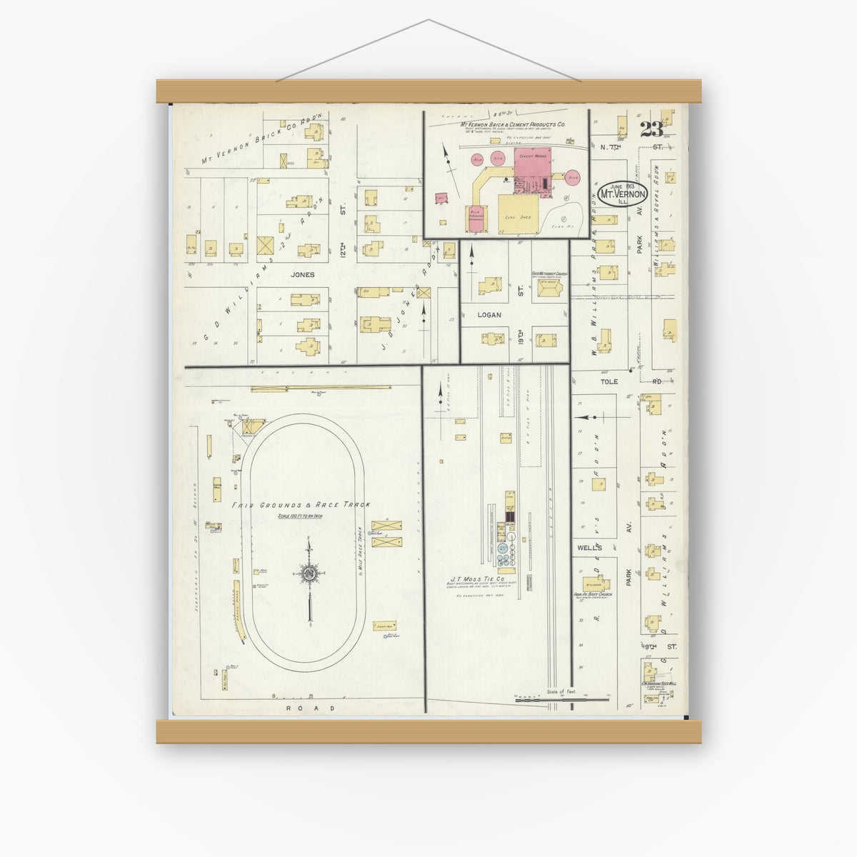 Old map wall art mockup — magnetic wood frame on white wall — Sanborn Fire Insurance Map from Mount Vernon, Jefferson County, Illinois (1913), Sheet #0023