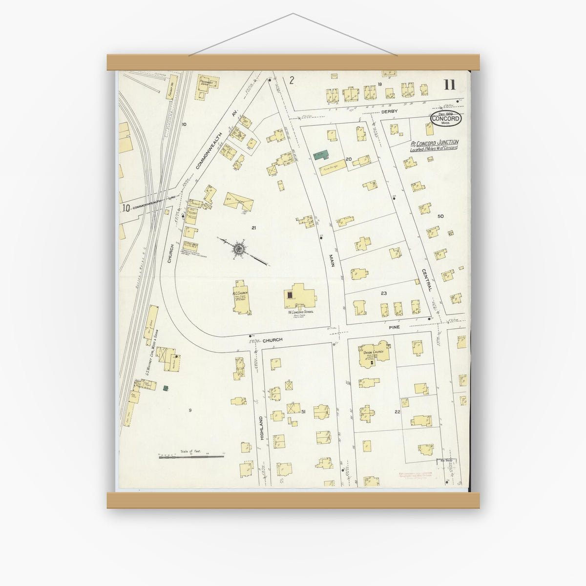 Old map wall art mockup — magnetic wood frame on white wall — Sanborn Fire Insurance Map from Concord, Middlesex County, Massachusetts (1909), Sheet #0011