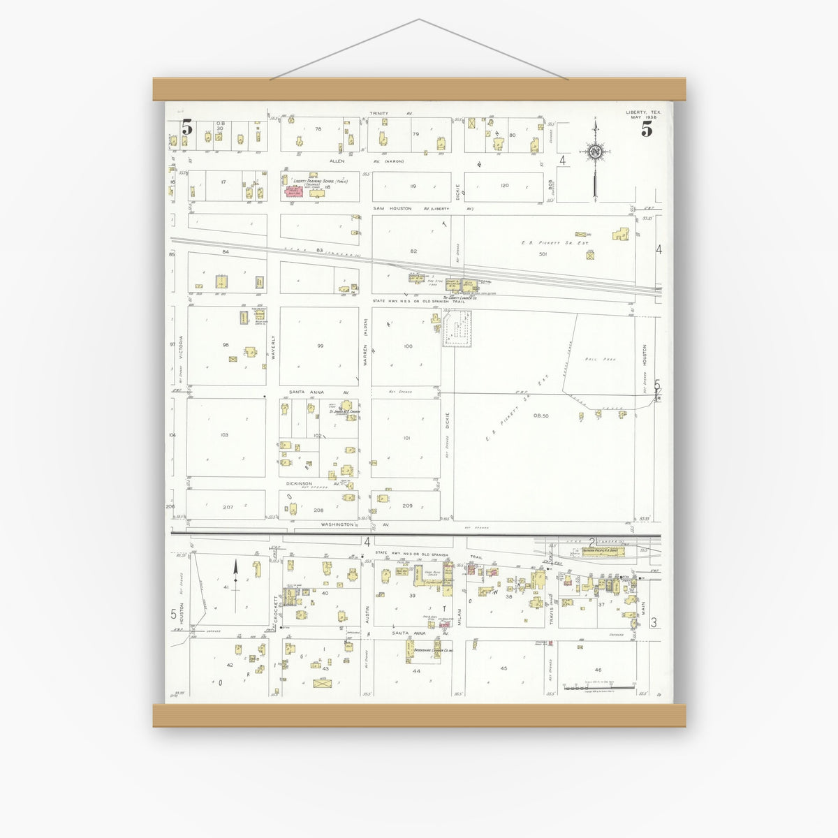 Old map wall art mockup — magnetic wood frame on white wall — Sanborn Fire Insurance Map from Liberty, Liberty County, Texas (1938), Sheet #0005