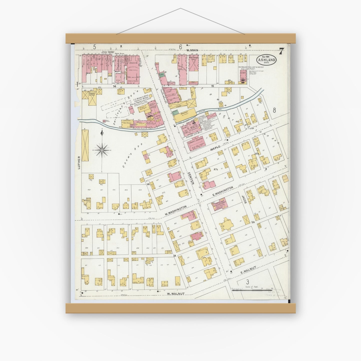 Old map wall art mockup — magnetic wood frame on white wall — Sanborn Fire Insurance Map from Ashland, Ashland County, Ohio (1904), Sheet #0007