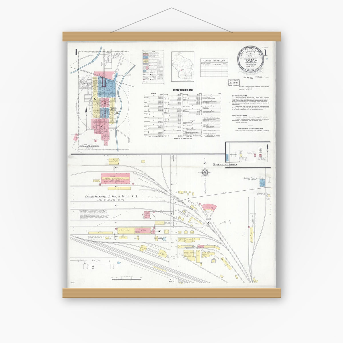 Old map wall art mockup — magnetic wood frame on white wall — Sanborn Fire Insurance Map from Tomah, Monroe County, Wisconsin (1937), Sheet #0001