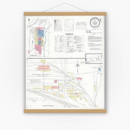Old map wall art mockup — magnetic wood frame on white wall — Sanborn Fire Insurance Map from Tomah, Monroe County, Wisconsin (1937), Sheet #0001