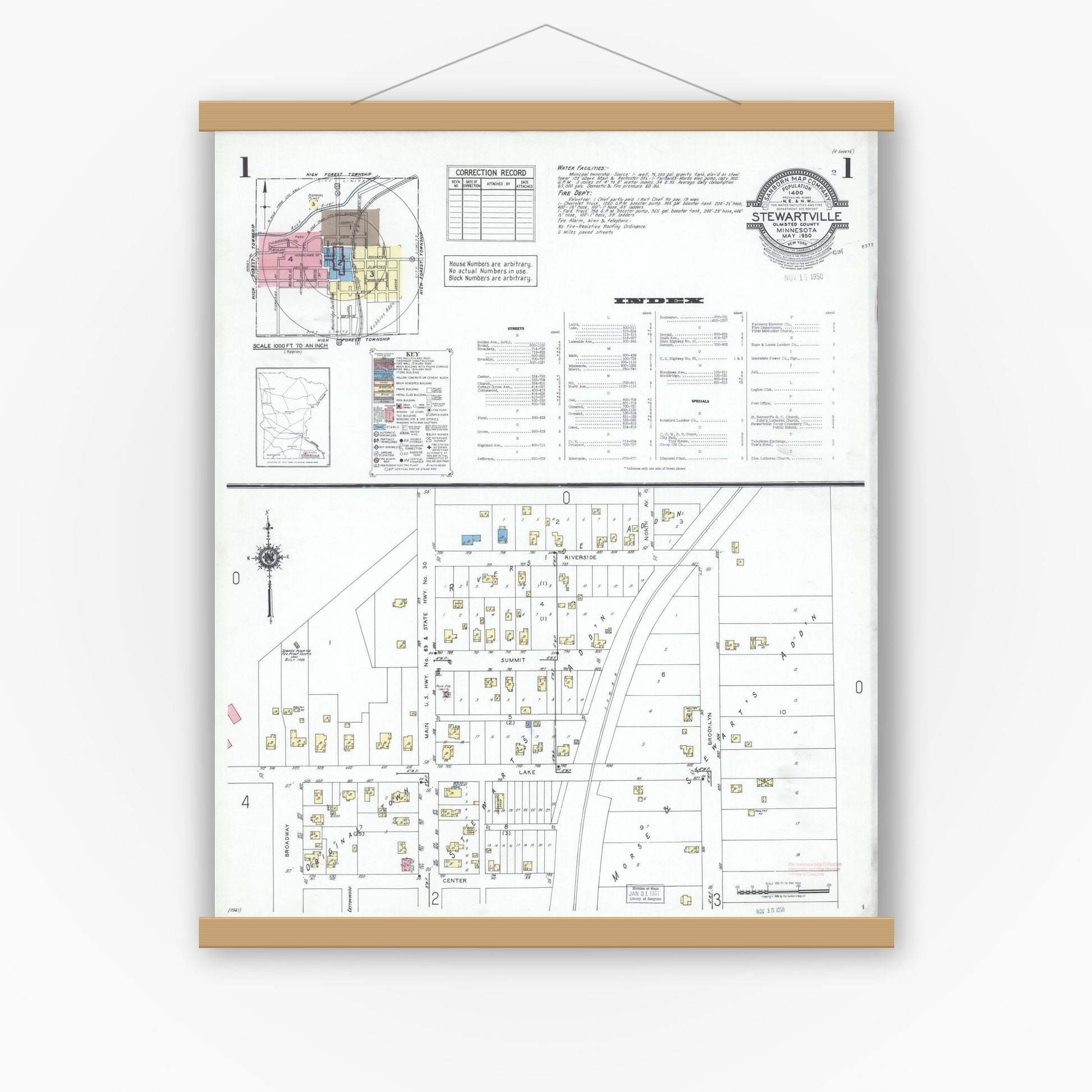Old map wall art mockup — magnetic wood frame on white wall — Sanborn Fire Insurance Map from Stewartville, Olmsted County, Minnesota (1950), Sheet #0001