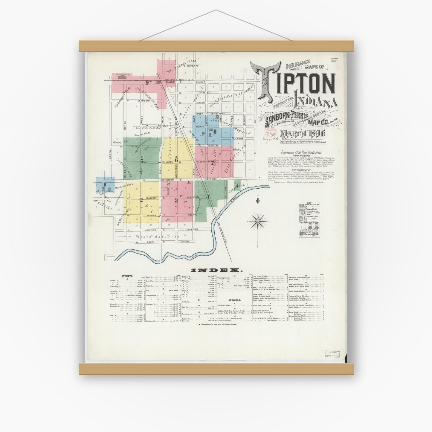 Old map wall art mockup — magnetic wood frame on white wall — Sanborn Fire Insurance Map from Tipton, Tipton County, Indiana (1896), Sheet #0001