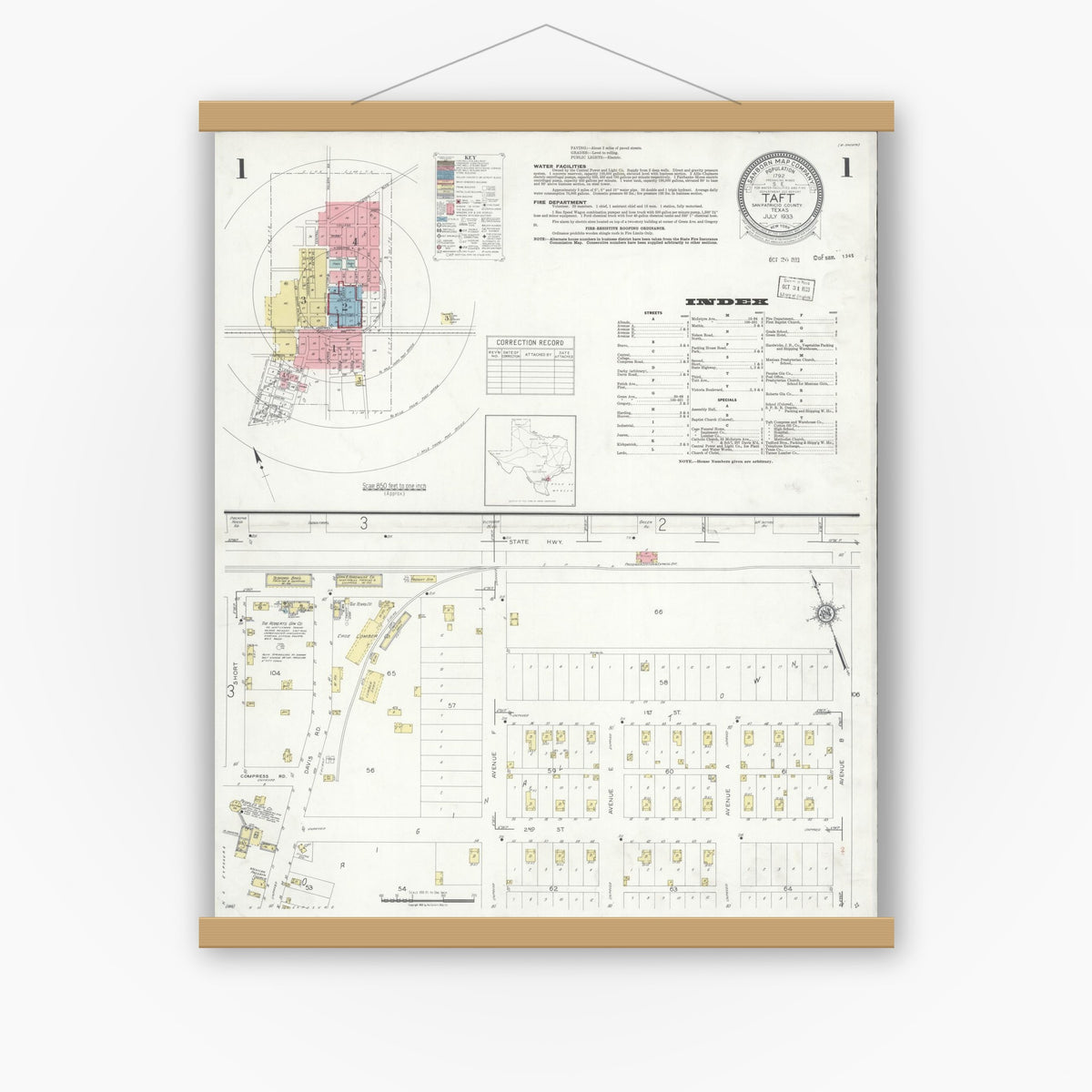Old map wall art mockup — magnetic wood frame on white wall — Sanborn Fire Insurance Map from Taft, San Patricio County, Texas (1933) - Complete Map Set