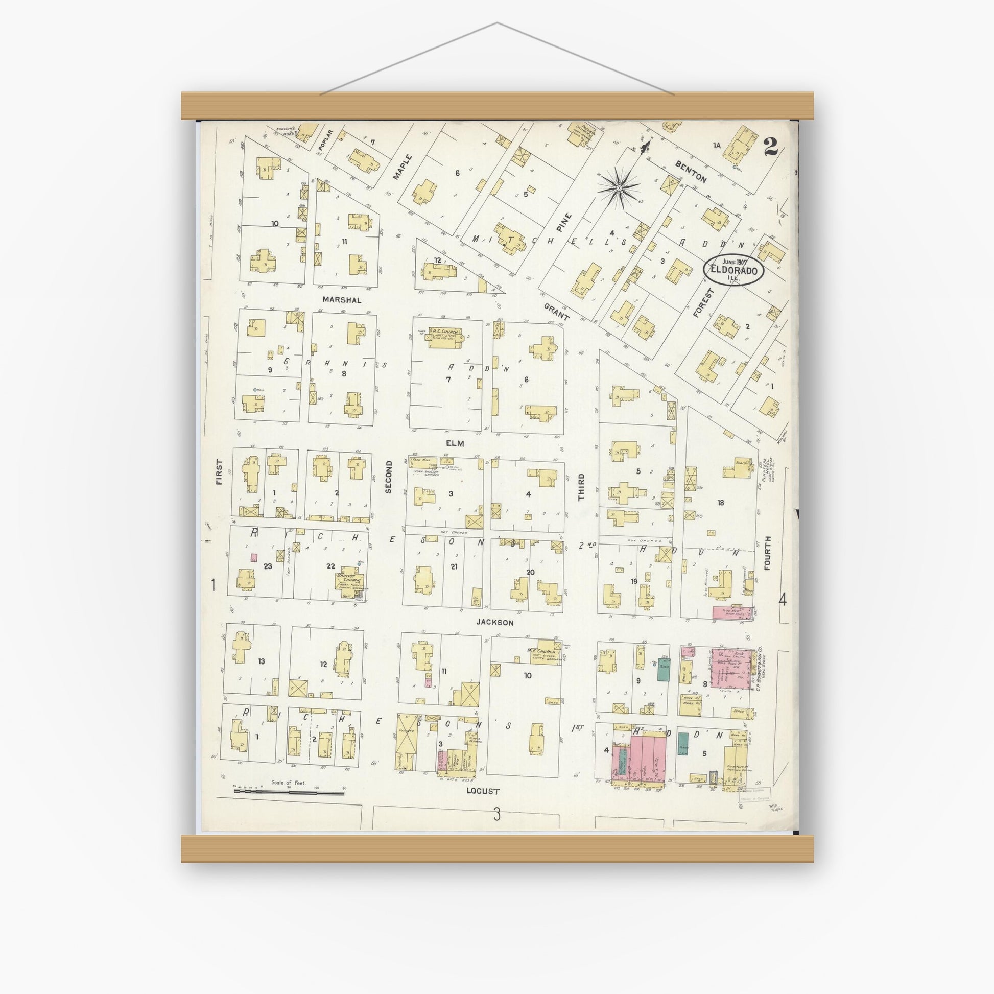 Old map wall art mockup — magnetic wood frame on white wall — Sanborn Fire Insurance Map from Eldorado, Saline County, Illinois (1907), Sheet #0002