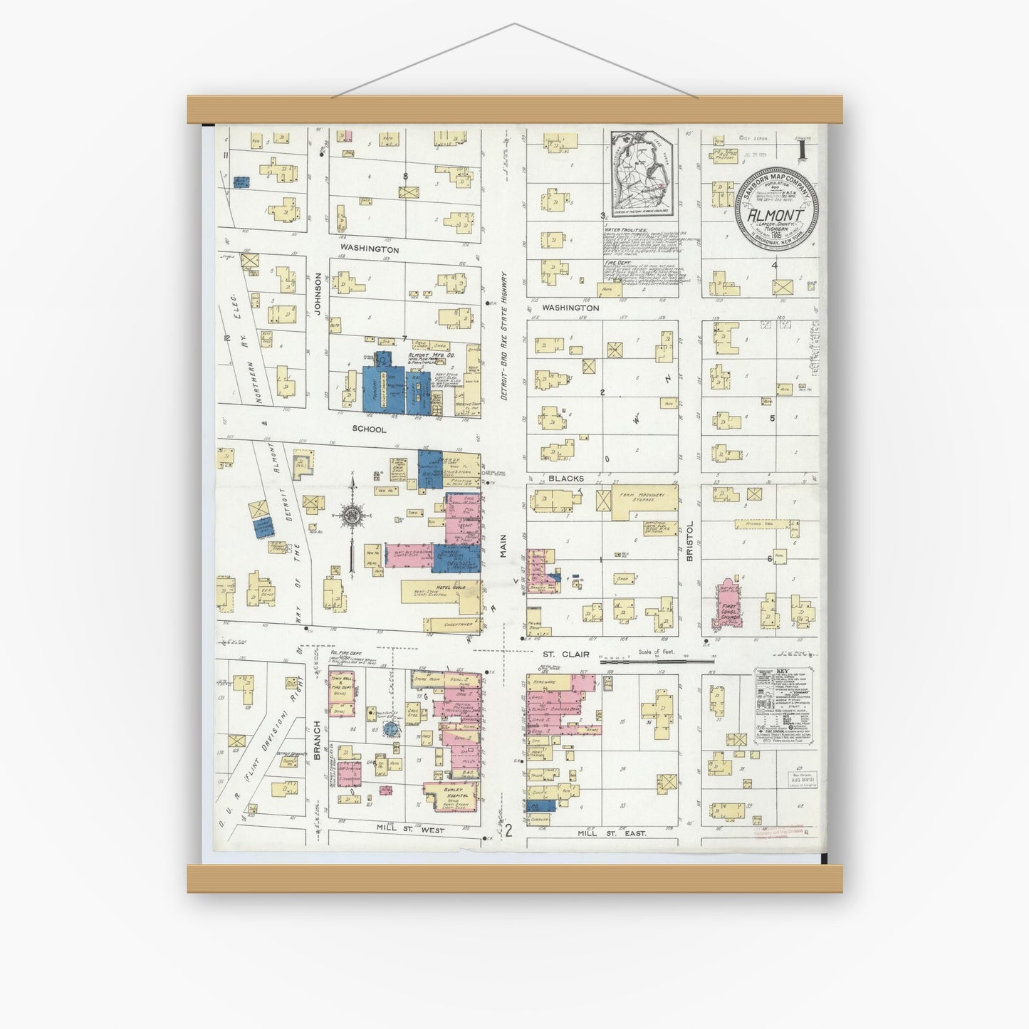 Old map wall art mockup — magnetic wood frame on white wall — Sanborn Fire Insurance Map from Almont, Lapeer County, Michigan (1921) - Complete Map Set