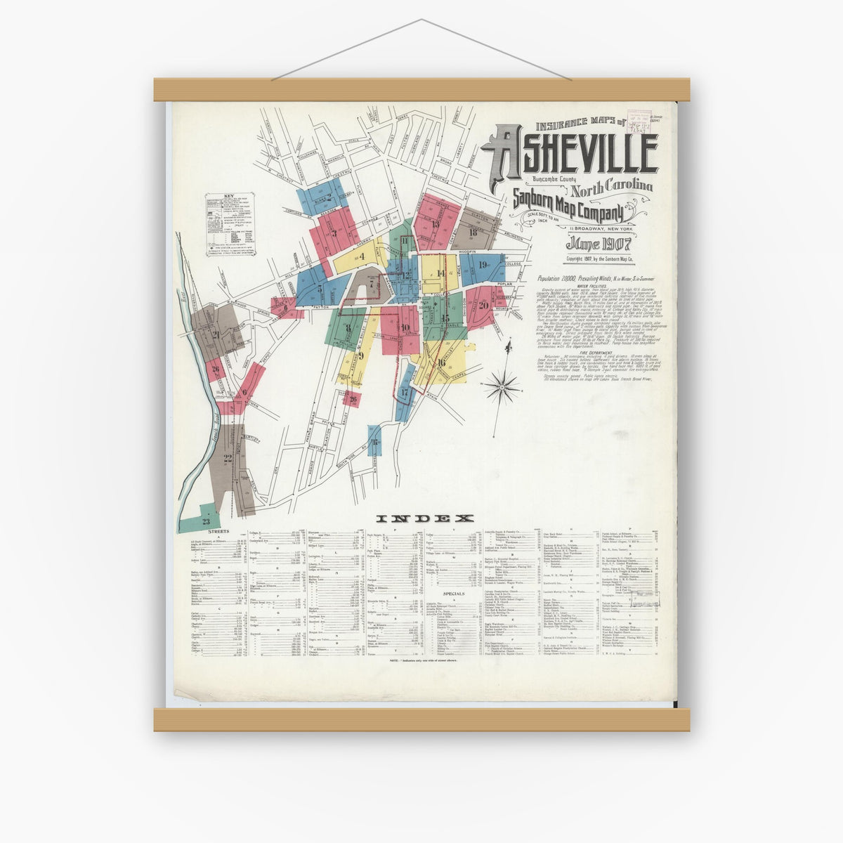 Old map wall art mockup — magnetic wood frame on white wall — Sanborn Fire Insurance Map from Asheville, Buncombe County, North Carolina (1907) - Complete Map Set
