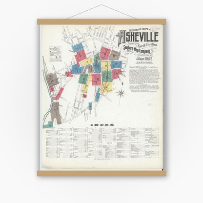 Old map wall art mockup — magnetic wood frame on white wall — Sanborn Fire Insurance Map from Asheville, Buncombe County, North Carolina (1907) - Complete Map Set