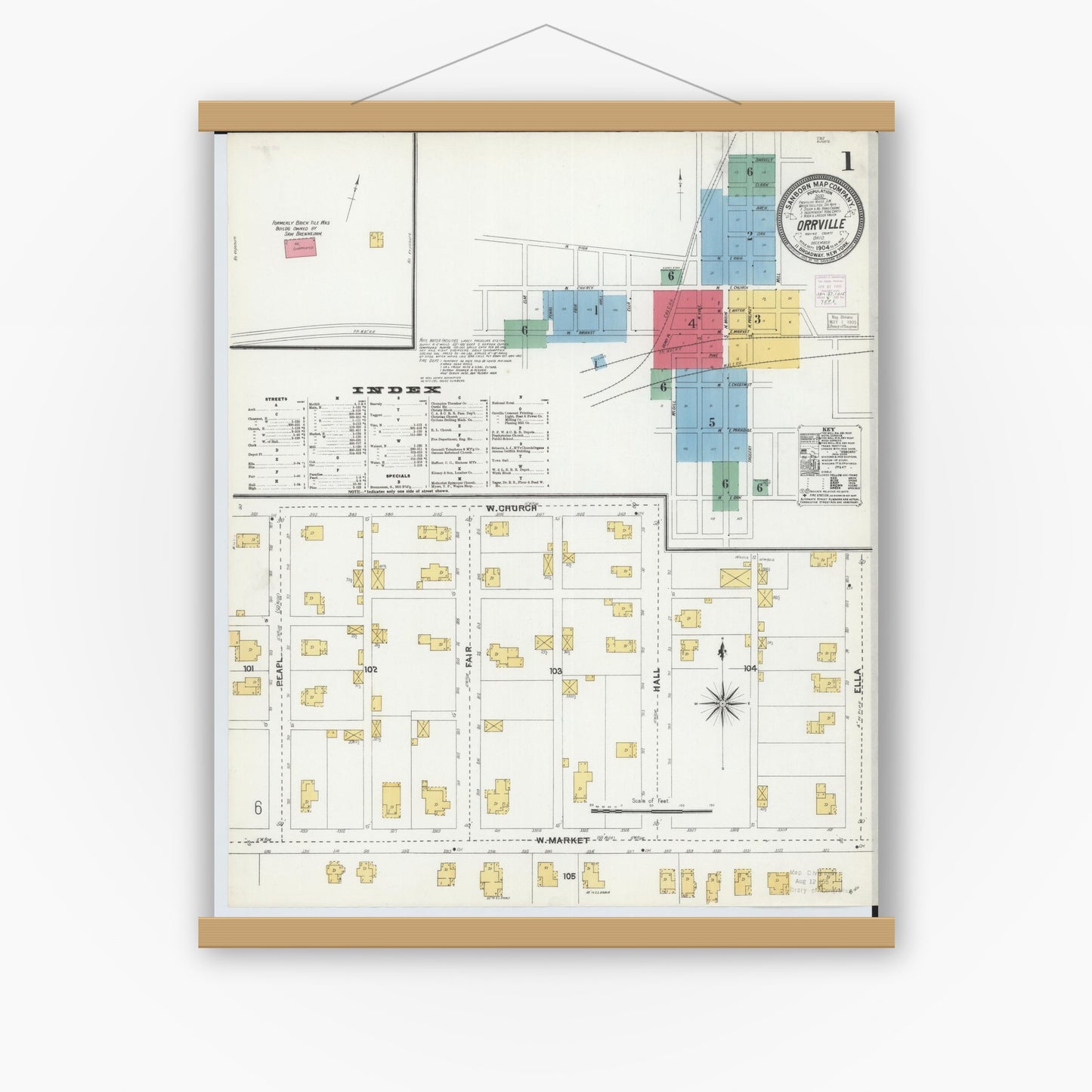 Old map wall art mockup — magnetic wood frame on white wall — Sanborn Fire Insurance Map from Orrville, Wayne County, Ohio (1904) - Complete Map Set
