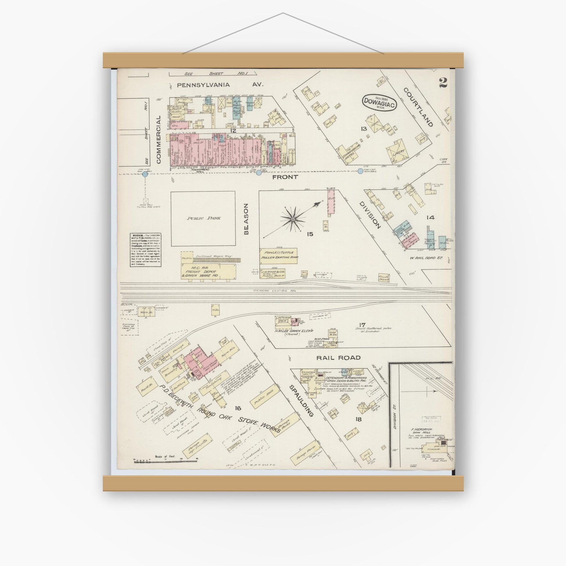 Old map wall art mockup — magnetic wood frame on white wall — Sanborn Fire Insurance Map from Dowagiac, Cass County, Michigan (1884), Sheet #0002