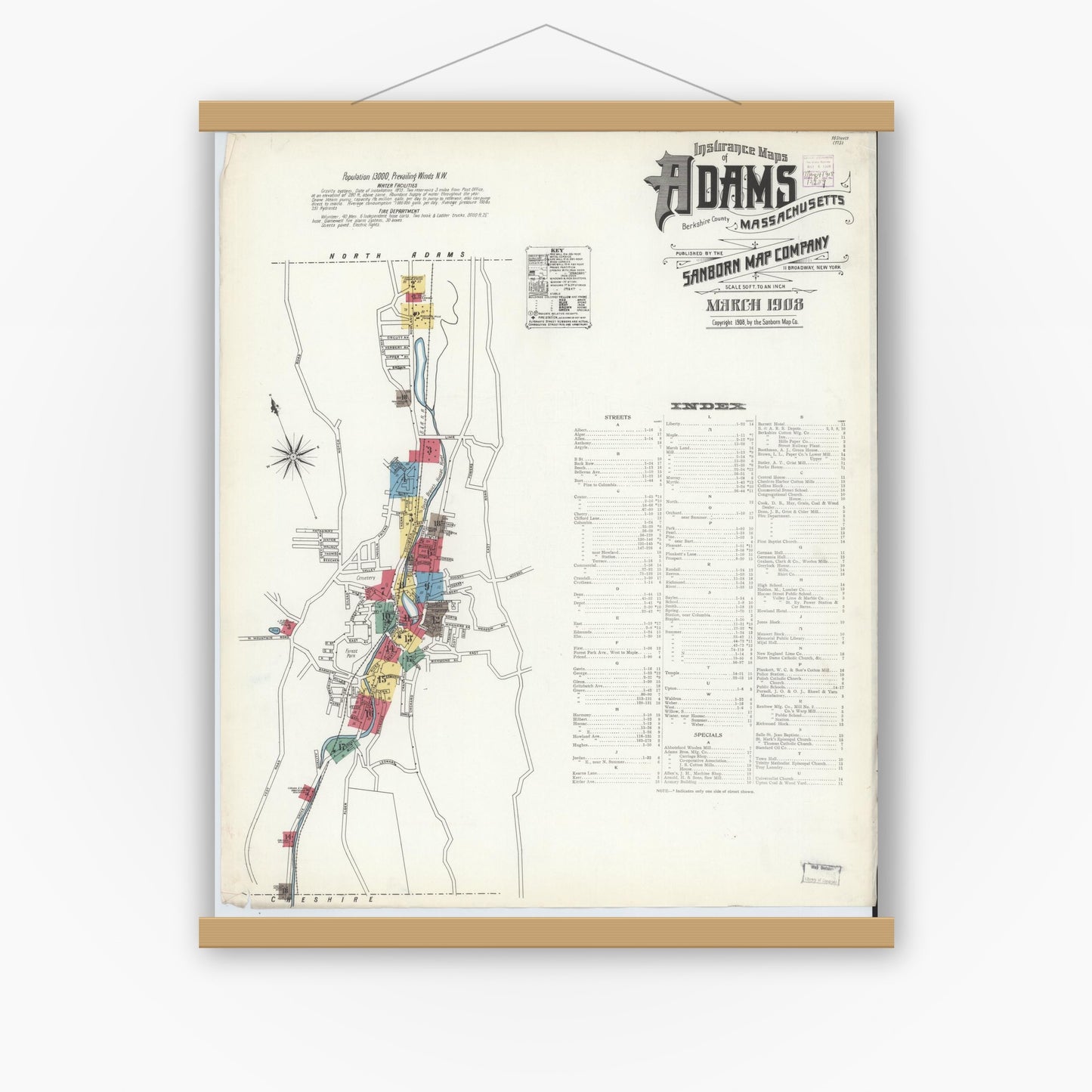 Old map wall art mockup — magnetic wood frame on white wall — Sanborn Fire Insurance Map from Adams, Berkshire County, Massachusetts (1908) - Complete Map Set