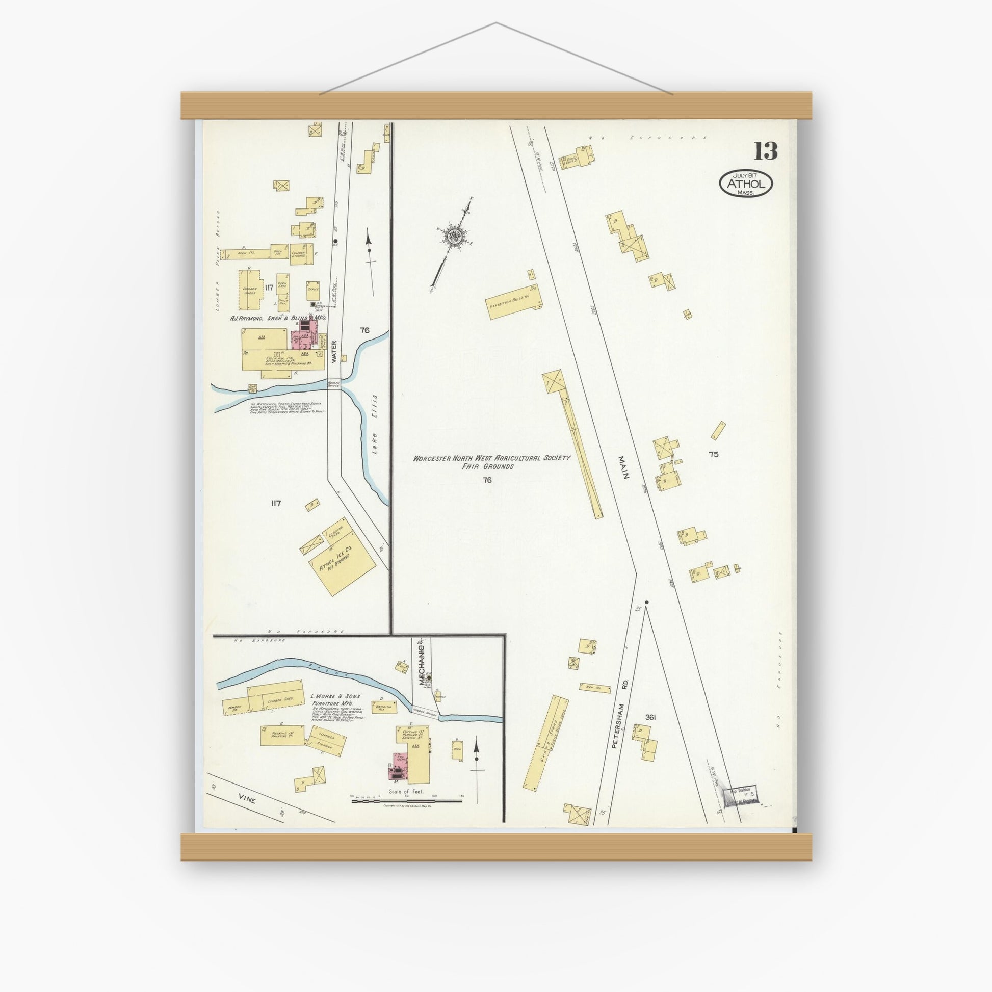 Old map wall art mockup — magnetic wood frame on white wall — Sanborn Fire Insurance Map from Athol, Worcester County, Massachusetts (1917), Sheet #0013