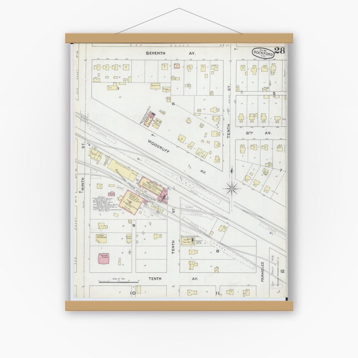 Old map wall art mockup — magnetic wood frame on white wall — Sanborn Fire Insurance Map from Rockford, Winnebago County, Illinois (1891), Sheet #0028