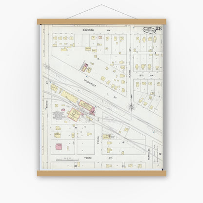 Old map wall art mockup — magnetic wood frame on white wall — Sanborn Fire Insurance Map from Rockford, Winnebago County, Illinois (1891), Sheet #0028