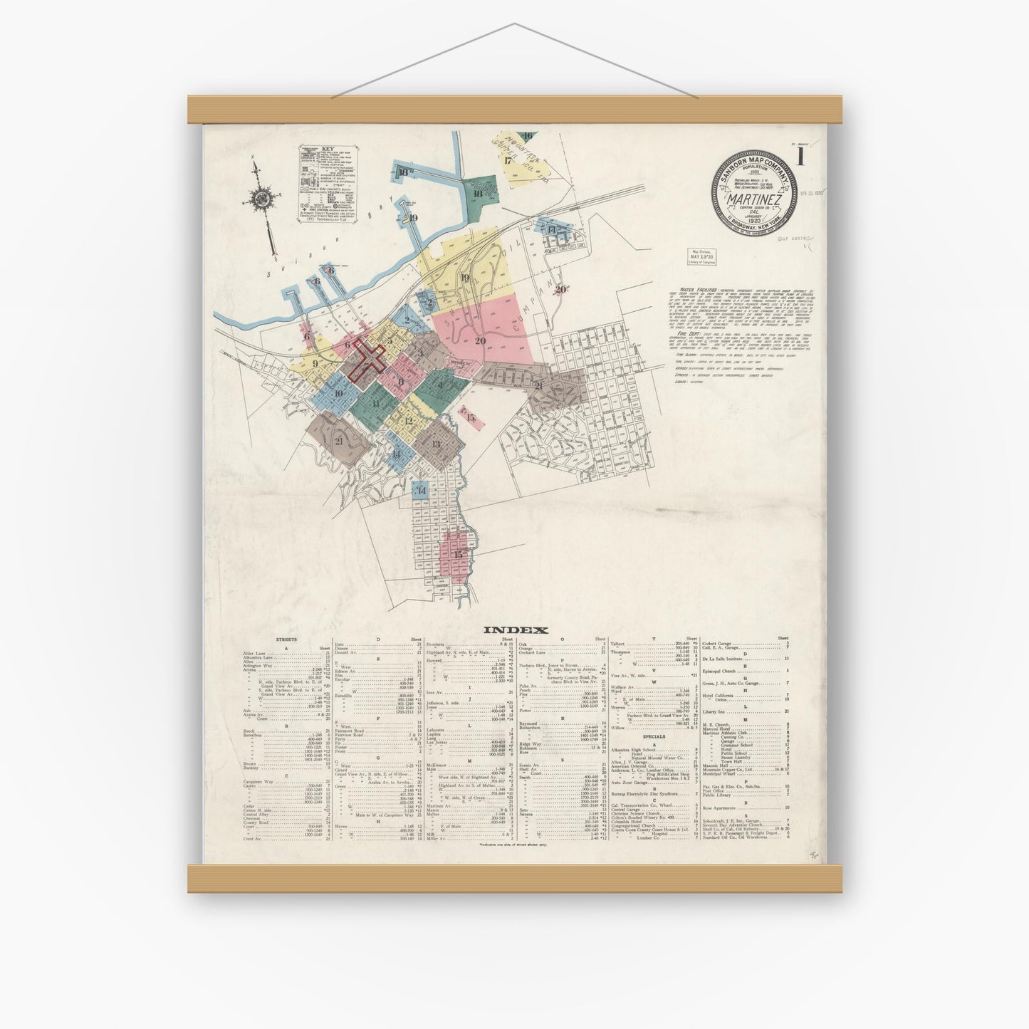 Old map wall art mockup — magnetic wood frame on white wall — Sanborn Fire Insurance Map from Martinez, Contra Costa County, California (1920) - Complete Map Set
