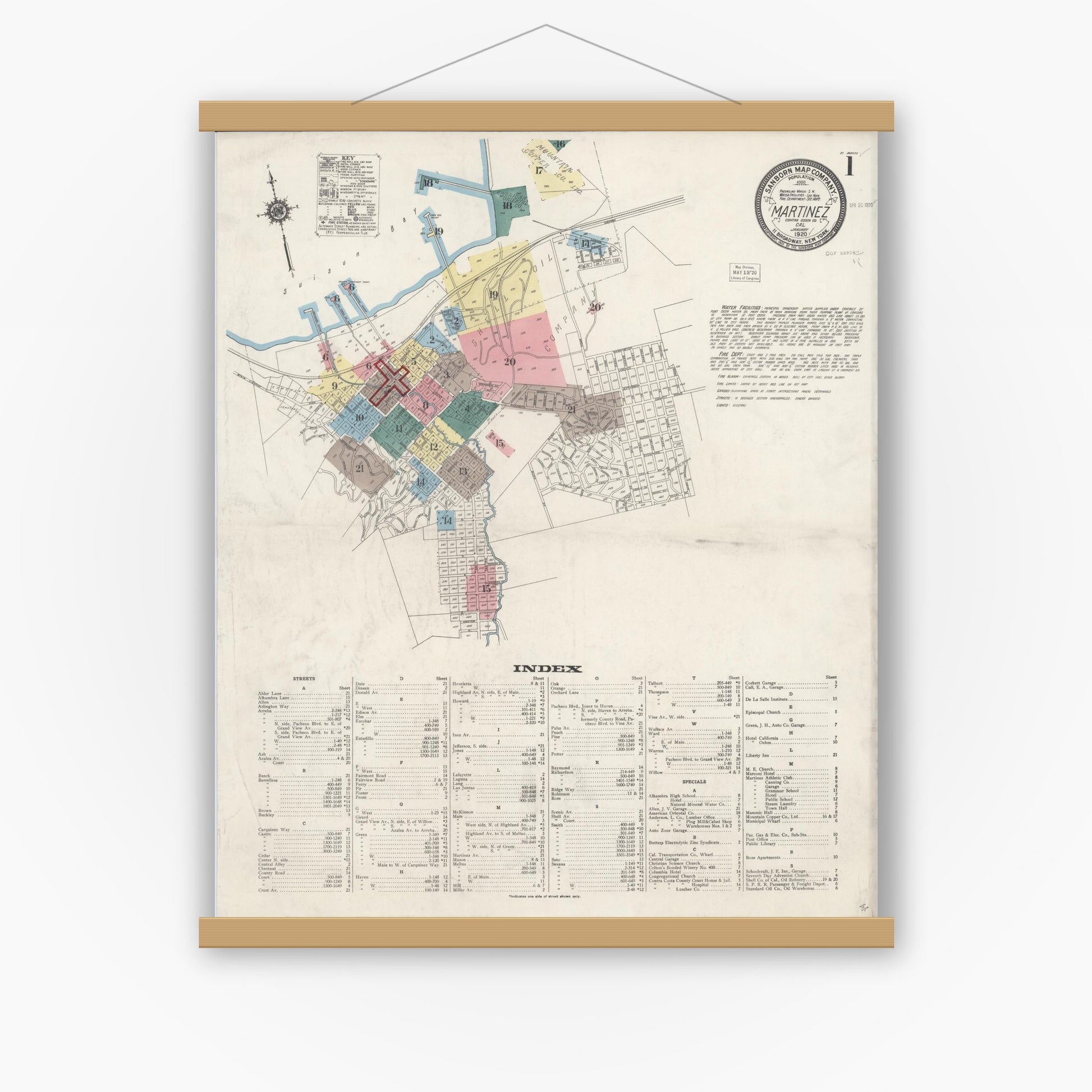 Old map wall art mockup — magnetic wood frame on white wall — Sanborn Fire Insurance Map from Martinez, Contra Costa County, California (1920) - Complete Map Set