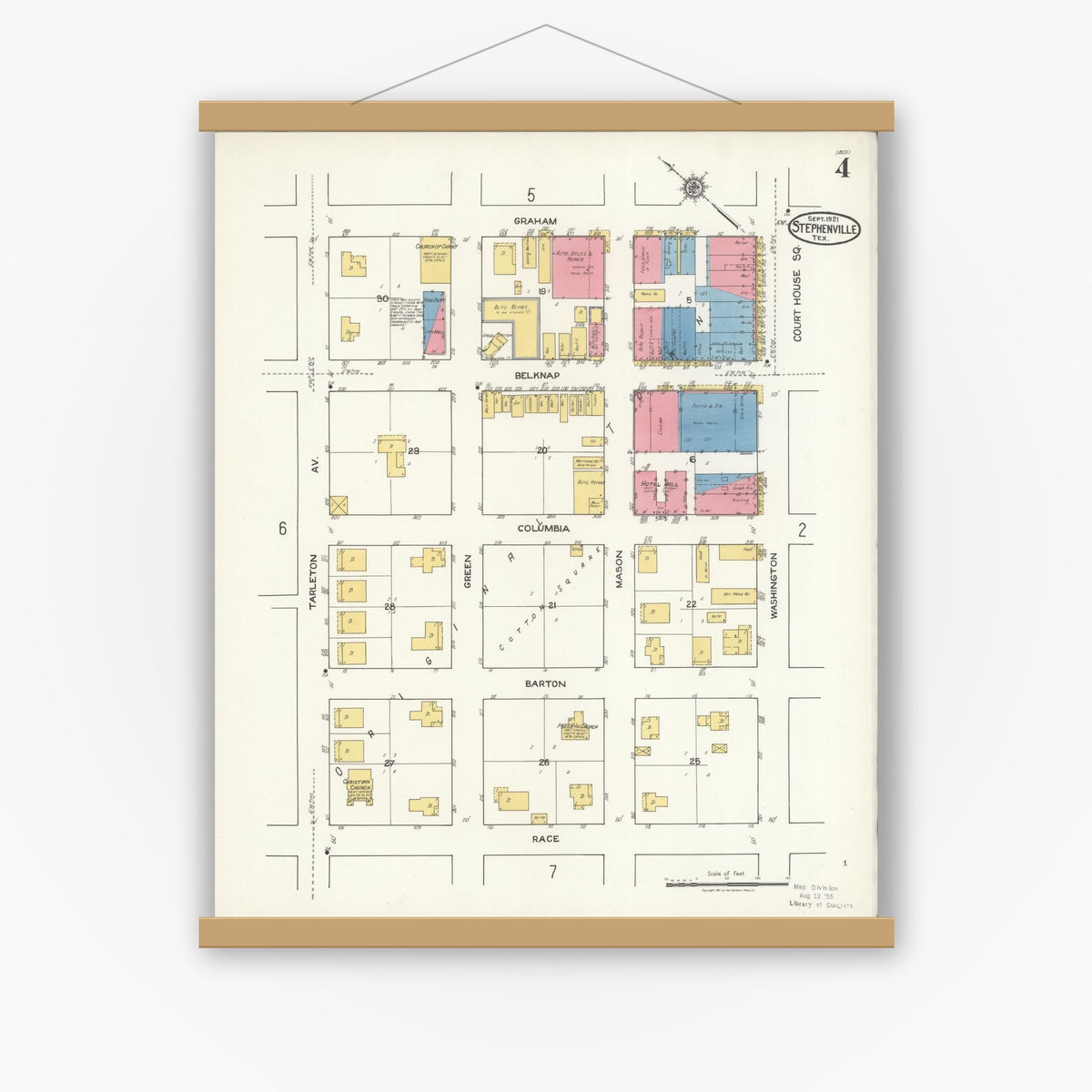Old map wall art mockup — magnetic wood frame on white wall — Sanborn Fire Insurance Map from Stephenville, Erath County, Texas (1921), Sheet #0004