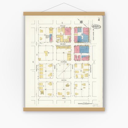 Old map wall art mockup — magnetic wood frame on white wall — Sanborn Fire Insurance Map from Stephenville, Erath County, Texas (1921), Sheet #0004