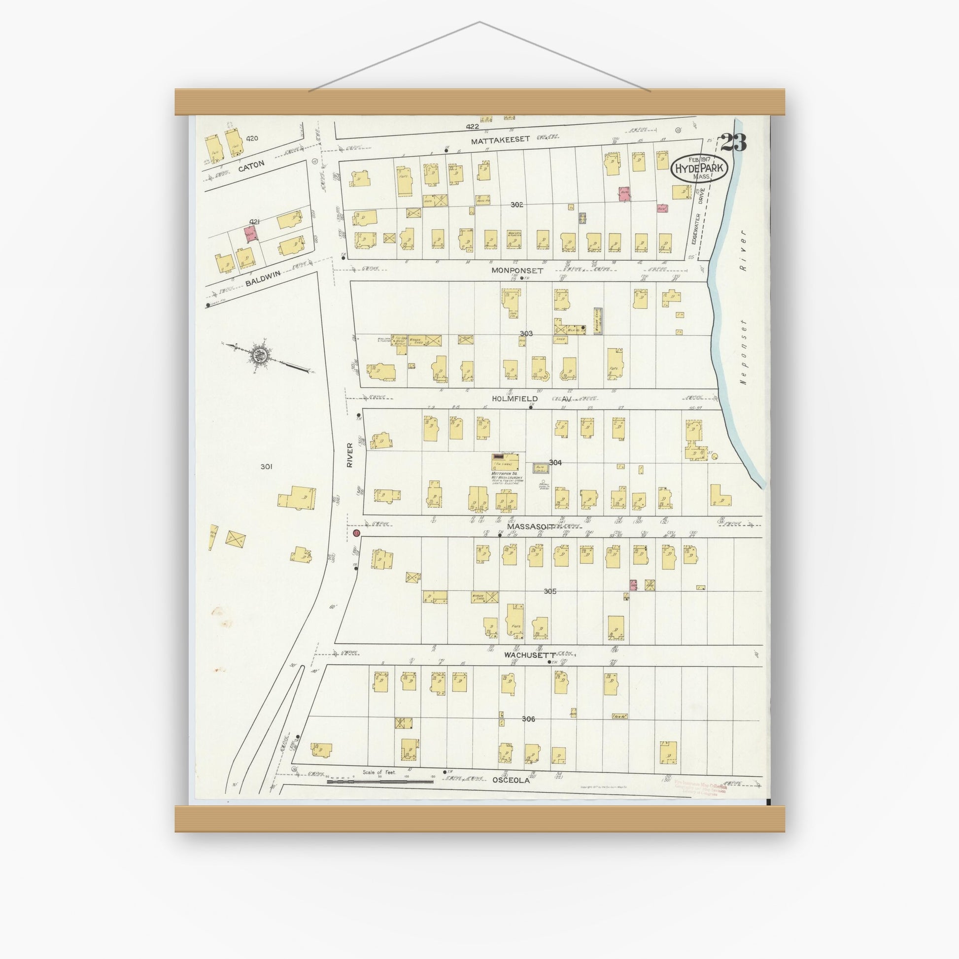 Old map wall art mockup — magnetic wood frame on white wall — Sanborn Fire Insurance Map from Hyde Park, Norfolk County, Massachusetts (1917), Sheet #0023