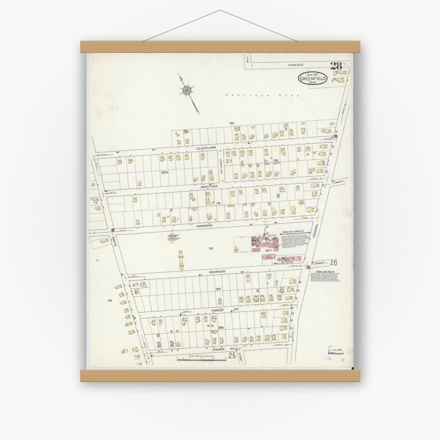 Old map wall art mockup — magnetic wood frame on white wall — Sanborn Fire Insurance Map from Greenfield, Franklin County, Massachusetts (1914), Sheet #0028