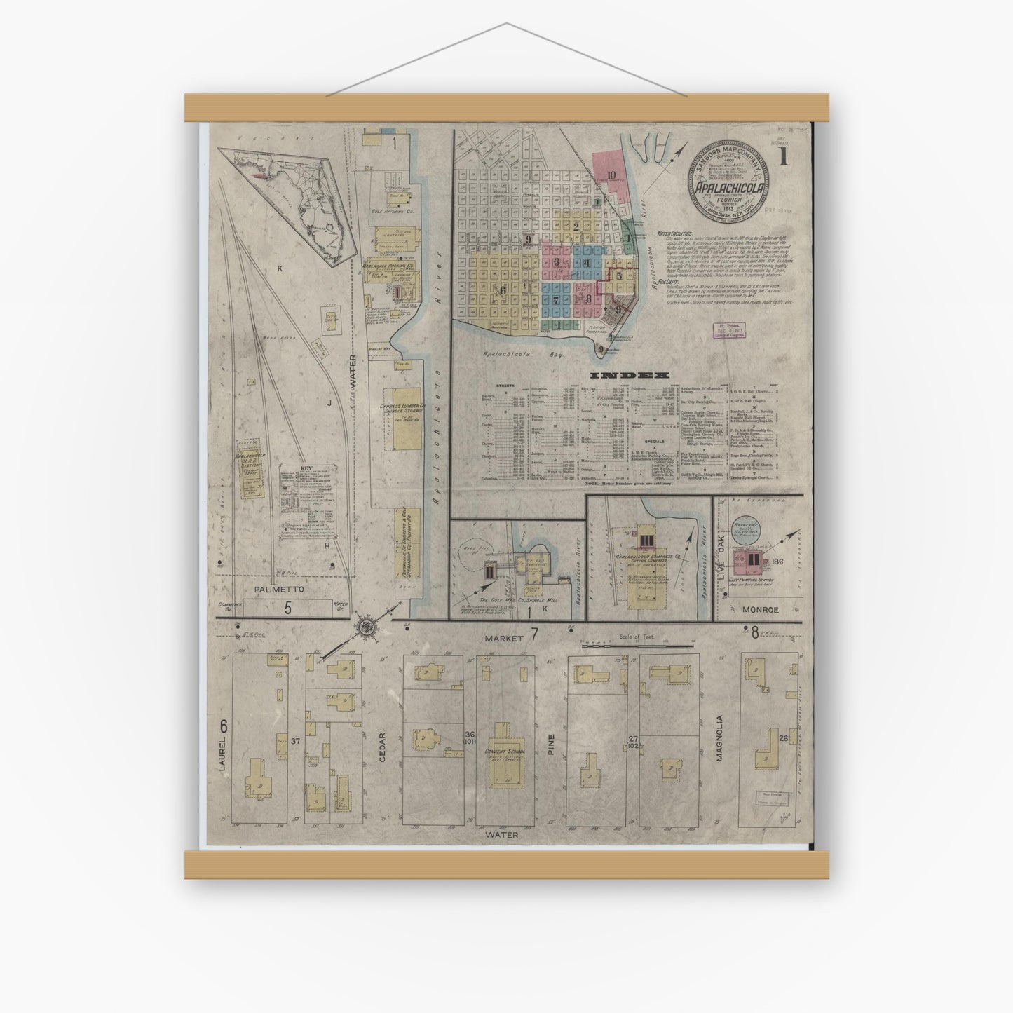 Old map wall art mockup — magnetic wood frame on white wall — Sanborn Fire Insurance Map from Apalachicola, Franklin County, Florida (1913), Sheet #0001