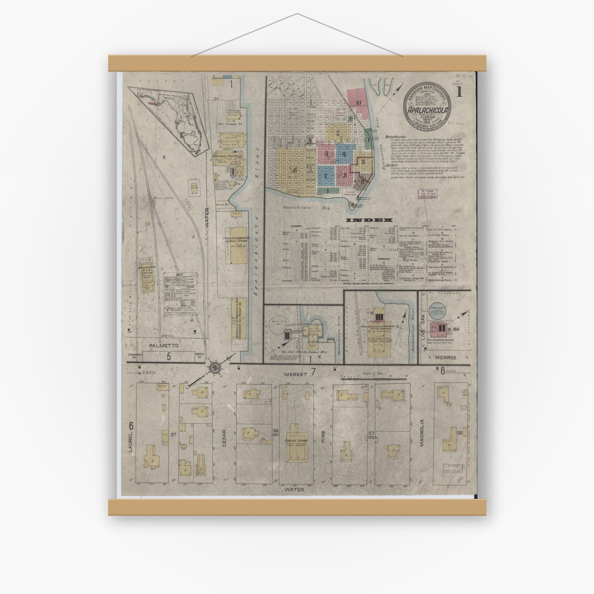 Old map wall art mockup — magnetic wood frame on white wall — Sanborn Fire Insurance Map from Apalachicola, Franklin County, Florida (1913), Sheet #0001