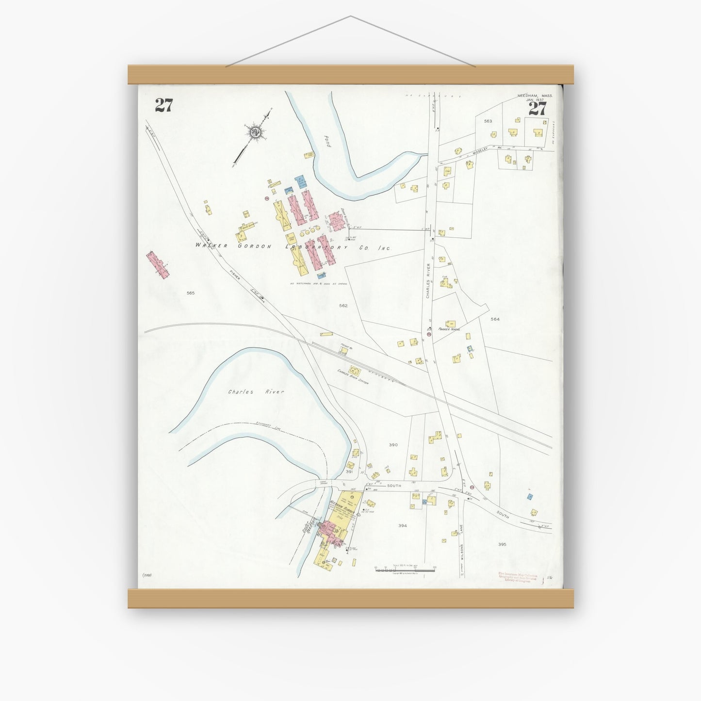 Old map wall art mockup — magnetic wood frame on white wall — Sanborn Fire Insurance Map from Needham, Norfolk County, Massachusetts (1937), Sheet #0027