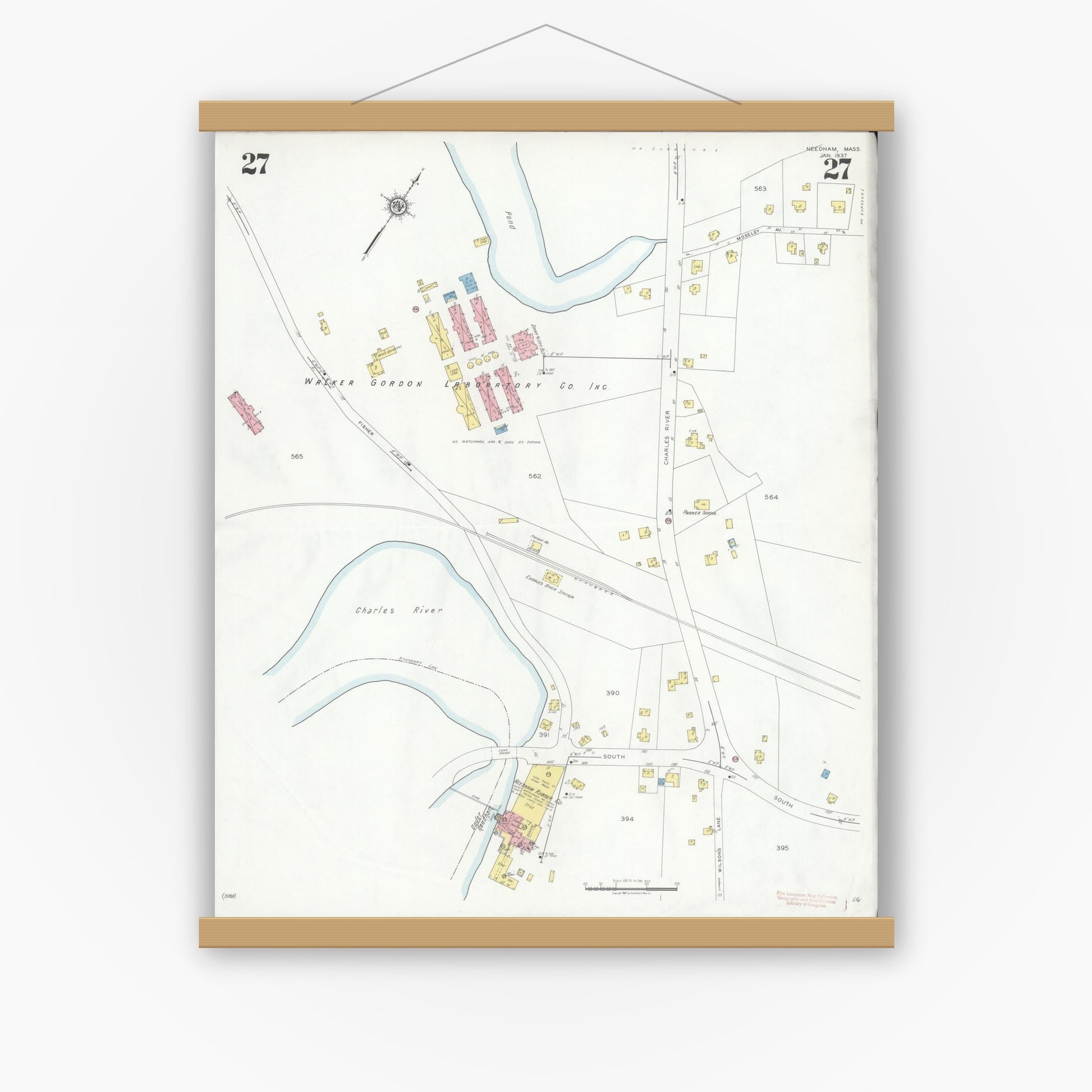 Old map wall art mockup — magnetic wood frame on white wall — Sanborn Fire Insurance Map from Needham, Norfolk County, Massachusetts (1937), Sheet #0027