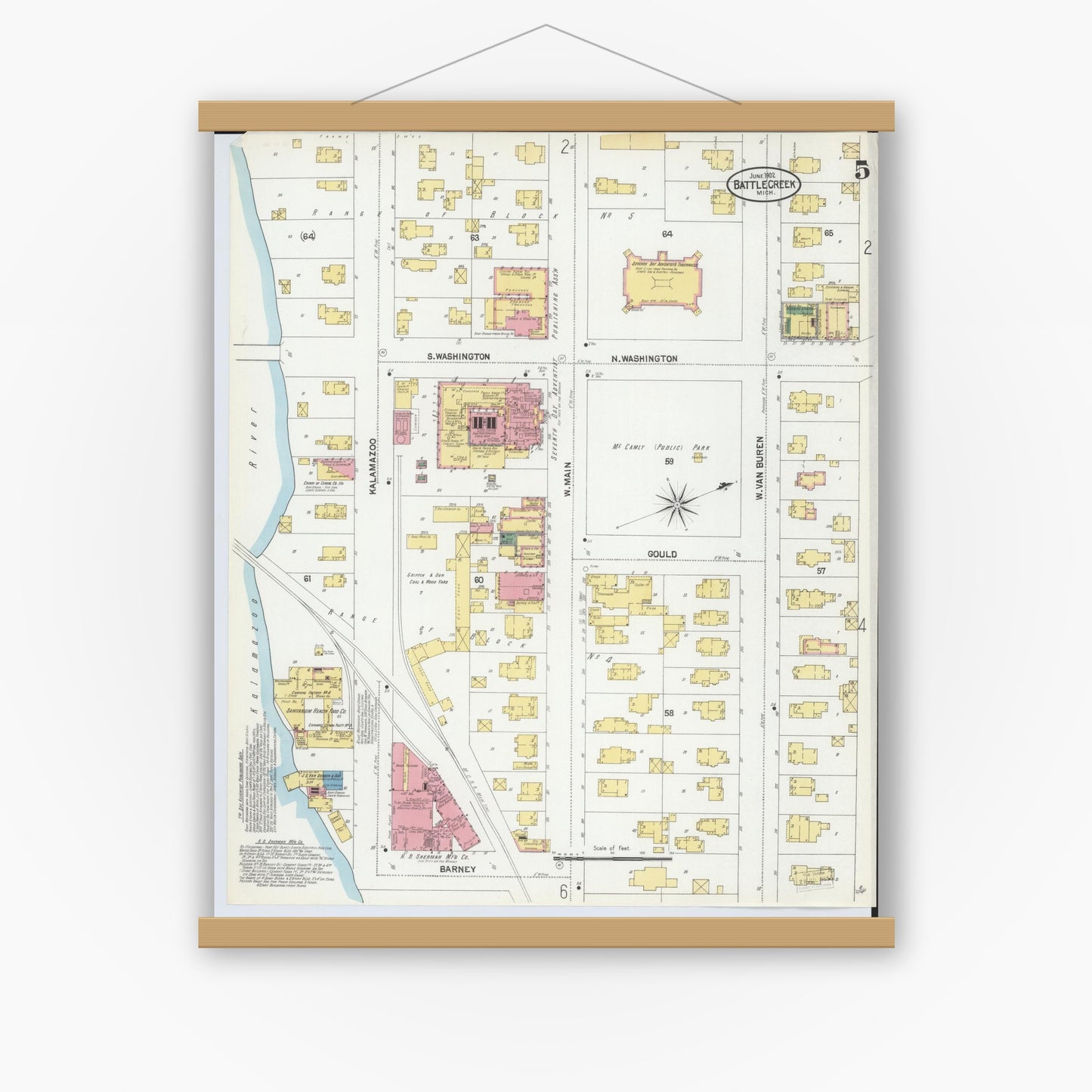Old map wall art mockup — magnetic wood frame on white wall — Sanborn Fire Insurance Map from Battle Creek, Calhoun County, Michigan (1902), Sheet #0005