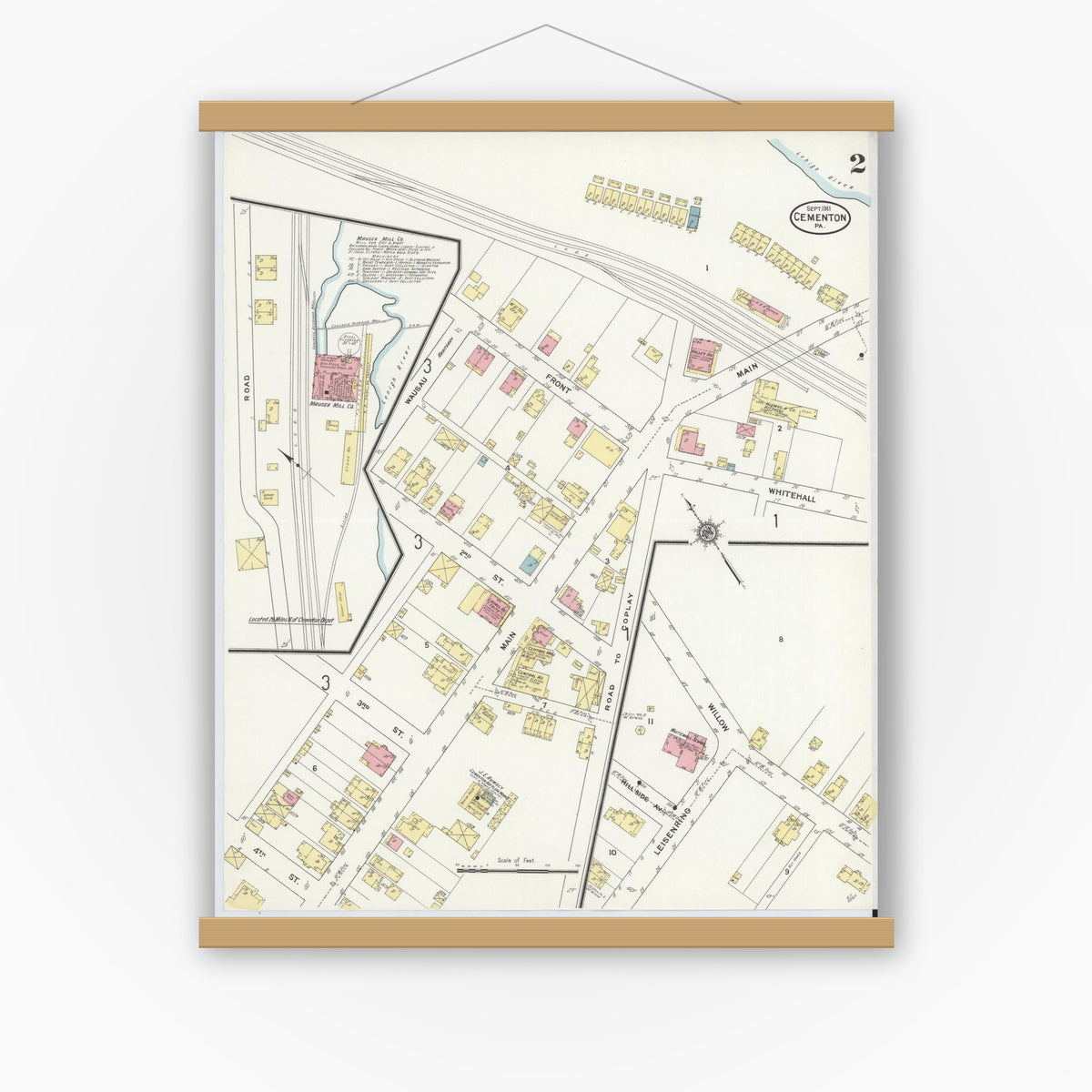 Old map wall art mockup — magnetic wood frame on white wall — Sanborn Fire Insurance Map from Cementon, Lehigh County, Pennsylvania (1911), Sheet #0002